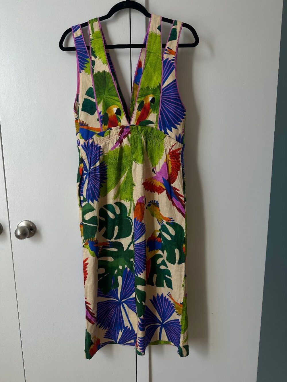 Farm Rio Sand Macaw Jungle V-Neck Midi Dress NWT